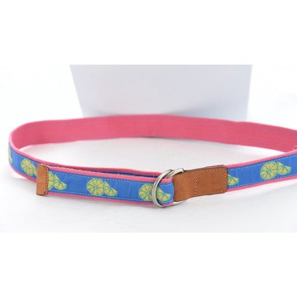 Talbots Women Sz L Lemon Print Ribbon Belt Canvas Leather Blue Preppy D Ring USA - Picture 4 of 8